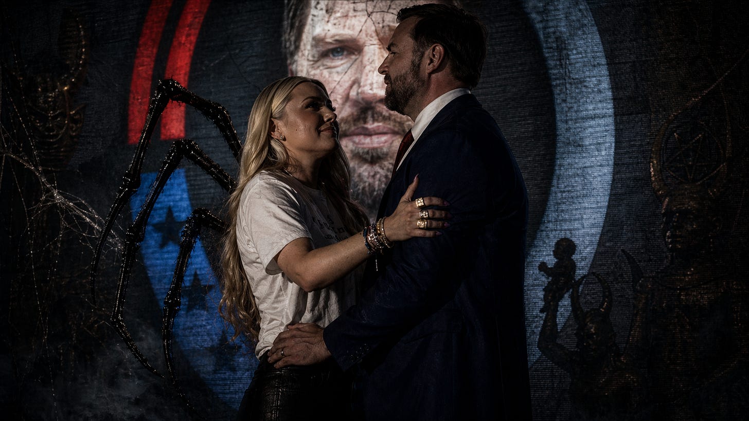 Erika Kirk and JD Vance framed at the point where widowhood turns into succession. the Black Widow limbs rising at Erika’s back, and the transfer no longer looking symbolic but staged.