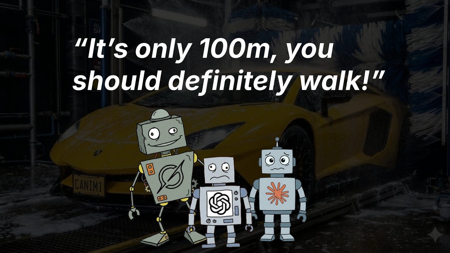 An image showing three cartoon robots standing in front of a yellow sports car inside an automatic car wash. Overlaid text at the top reads, "It's only 100m, you should definitely walk!"