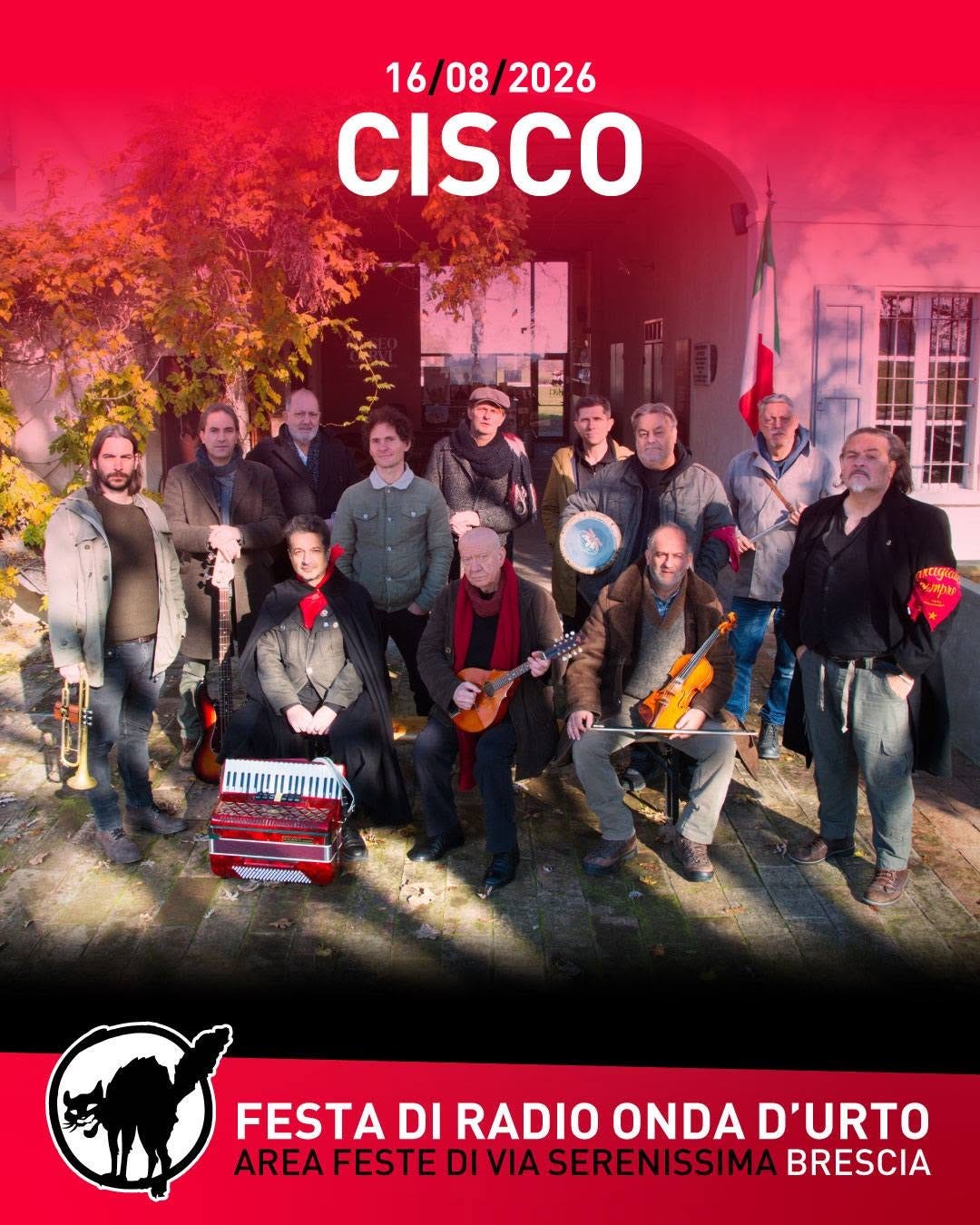 Potrebbe essere un'immagine raffigurante il seguente testo "16/08/2026 CISCO waи! w FESTA DI RADIO ONDA D'URTO AREA FESTE DI VIA SERENISSIMA BRESCIA"