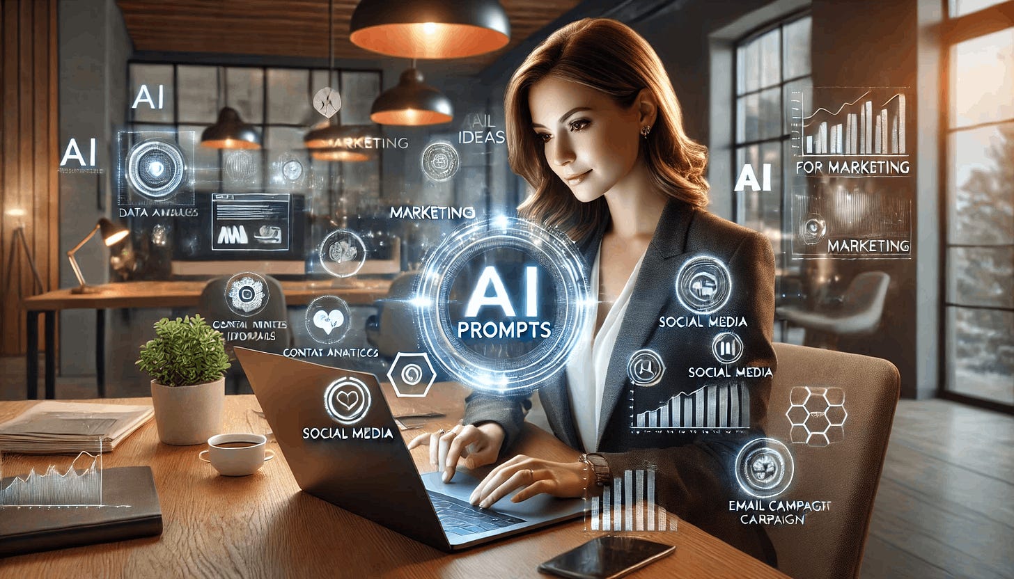 Beautiful business woman crafting AI Prompts on her laptop to improve marketing strategies. Social media AI prompt campaigns