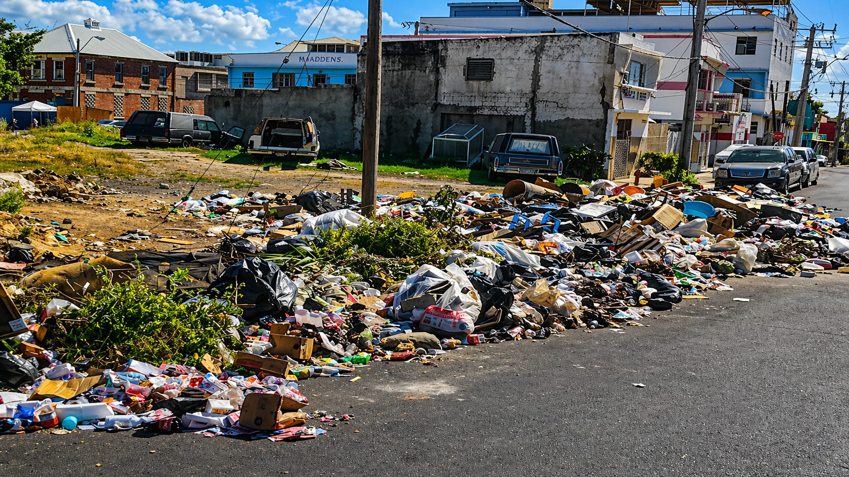 A roadside overwhelmed by illegal dumping, where piles of garbage spill into the street—highlighting the growing impact of poor waste management on urban communities.