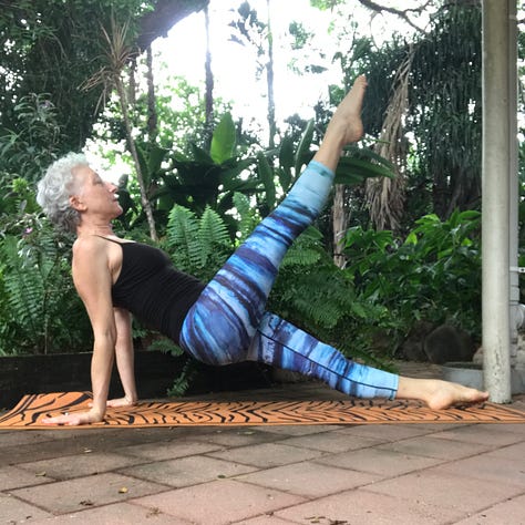 nine photos with a white haired woman in exercise clothing doing each of the Pilates exercises listed in the email