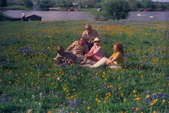 President Lyndon B. Johnson, Arthur Krim, A.W. Moursund, Lady Bird Johnson, Mathilde Krim. At a ranch near Kingsland, Texas, April 13, 1968. White House photo by Mike Geissinger.