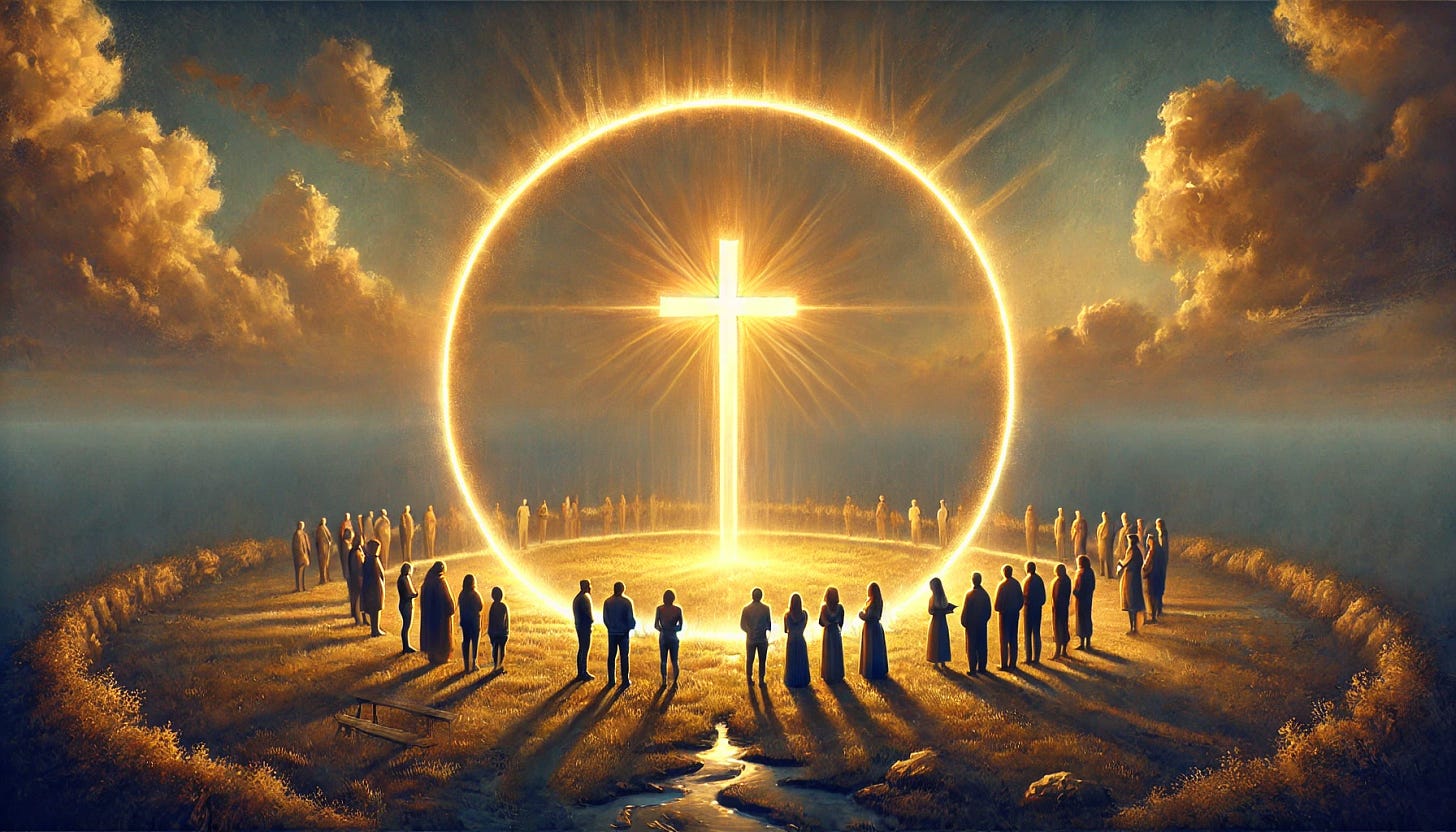 A symbolic digital painting representing boundaries around Christian faith, held with humility and curiosity. A glowing cross stands at the center, encircled by a soft, radiant boundary resembling a ring of light—open yet gently defined. The boundary is semi-transparent, suggesting both structure and invitation. A diverse group of people, representing different backgrounds, stands near the boundary—some stepping inside, others standing thoughtfully at the edge, engaging in discussion or reflection. The scene is bathed in warm, golden light, with soft rays breaking through a peaceful sky, symbolizing divine presence, wisdom, and openness. The atmosphere conveys reverence, contemplation, and gentle guidance, with rich, painterly textures and a semi-realistic style. HD quality, cinematic lighting, natural look.