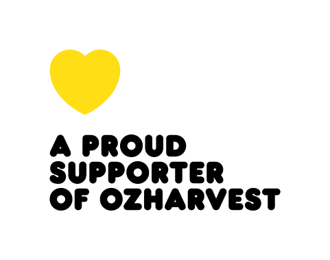 two logos, one for OzHarvest: a yellow heart and black writing on a white background. One for Perseverance Street which incorporates a stylised road and their name in orange over a black background 