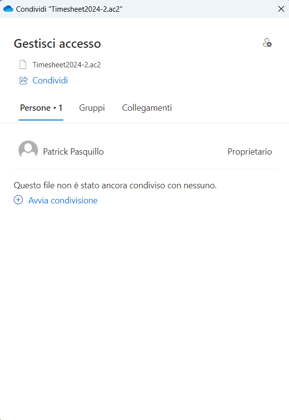 Screenshot per la gestione dei permessi di condivisione con più persone di un file Banana Contabilità+ tramite Microsoft OneDrive.