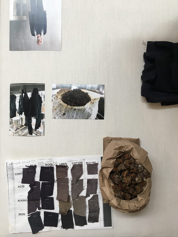 Photos showing the two Phoebe English studio examples of overdyeing print silk samples, with dye test sheet and bag of gall nuts on the table.