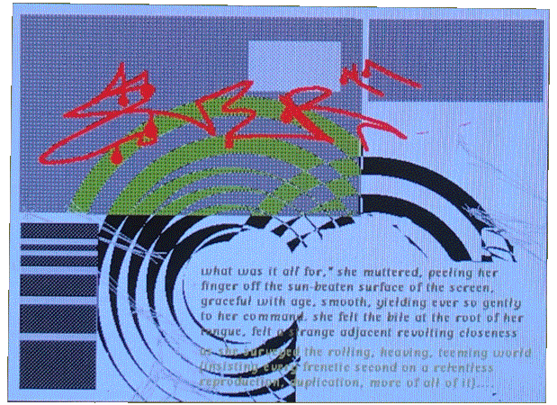 Scribbled red handwriting atop various black and white halftone textures, some intersecting with sharp black arcs. In the lower left, a paragraph of text that grows lighter in hue as it nears its end.