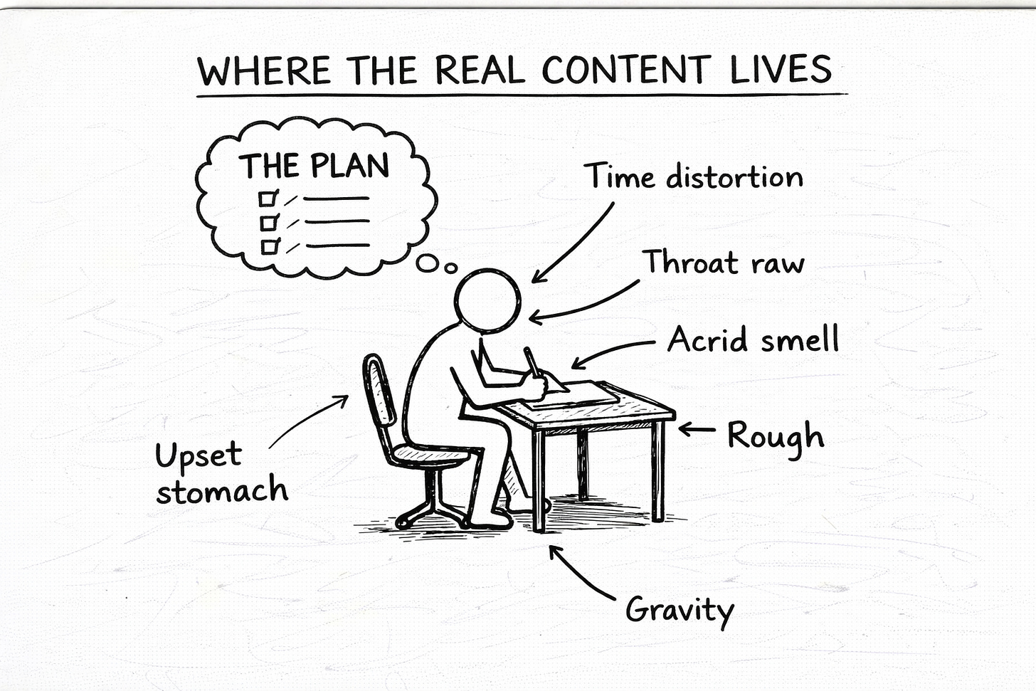 Hand-drawn whiteboard illustration of a stick figure writing at a desk, with arrows from different body sensations—throat raw, upset stomach, time distortion, acrid smell, gravity—pointing toward the writing, while a thought bubble labeled “the plan” stays in the head, illustrating where embodied writing content truly comes from.