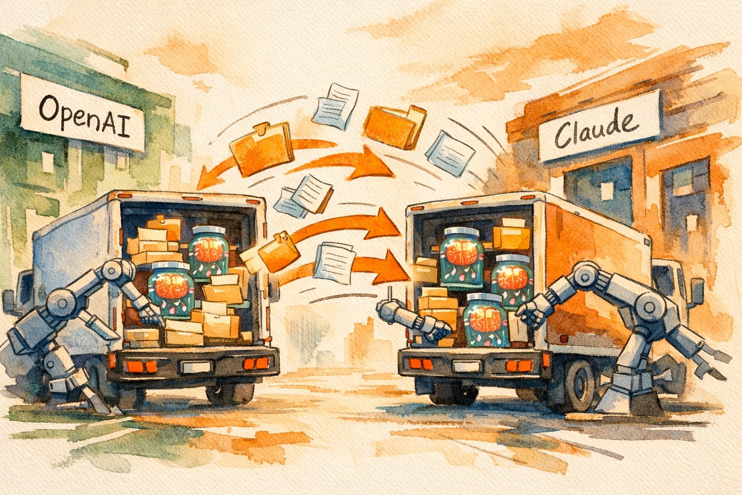 Watercolor moving trucks packed with digital files and Brain-in-a-Jar containers migrating from ChatGPT to Claude — visualizing the 1487 percent Claude sessions surge in 2026
