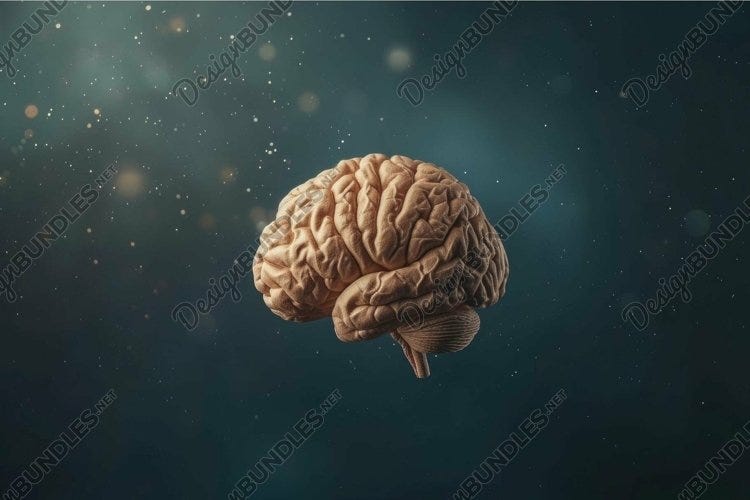 Human brain floating in dark space with glowing particles