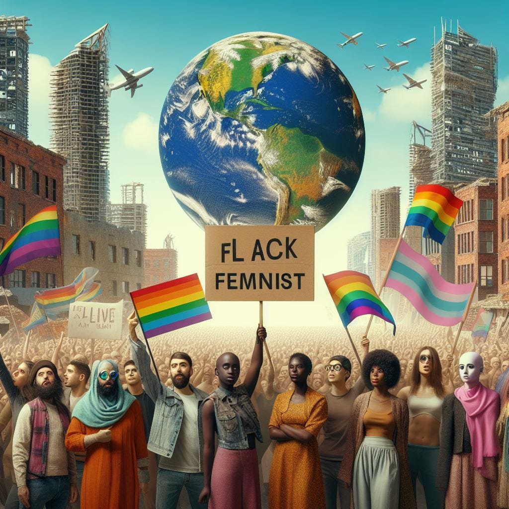Blank-faced people in a utopia with gay, black, trans and feminist activists, buildings falling apart, no signs