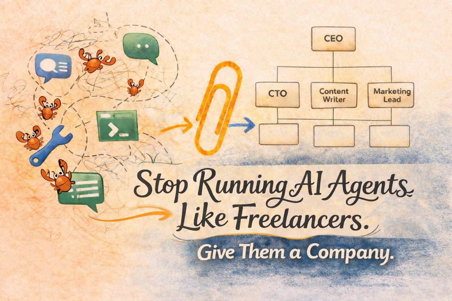 Hero illustration for blog post comparing Paperclip orchestration with OpenClaw AI agents. Shows the transition from scattered freelance agents to a unified AI company structure.