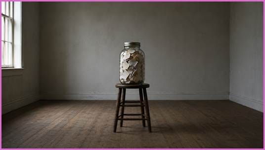 Large glass jar filled with folded papers sitting on wooden stool in empty room Large glass jar filled with folded papers sitting on wooden stool in empty room