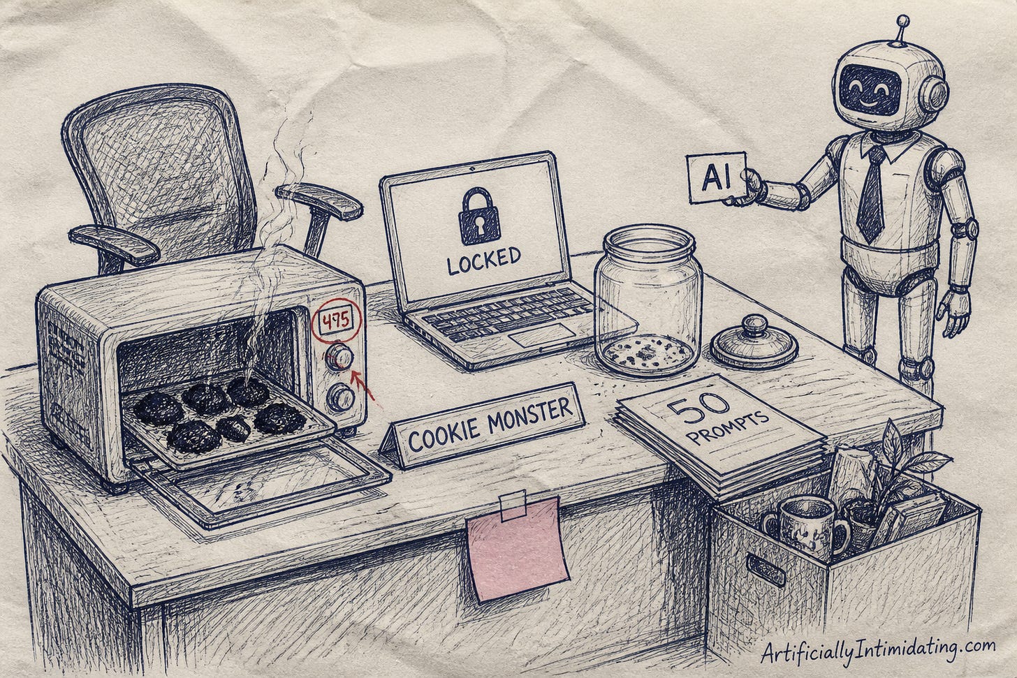 An empty desk with a nameplate reading COOKIE MONSTER, a toaster oven reading 475 with smoking charred cookies, a laptop showing LOCKED, an empty cookie jar, a stack titled 50 PROMPTS, a pink slip taped to the desk, an empty chair, a box of belongings, and a necktied robot holding a card marked AI. An empty desk with a nameplate reading COOKIE MONSTER, a toaster oven reading 475 with smoking charred cookies, a laptop showing LOCKED, an empty cookie jar, a stack titled 50 PROMPTS, a pink slip taped to the desk, an empty chair, a box of belongings, and a necktied robot holding a card marked AI.