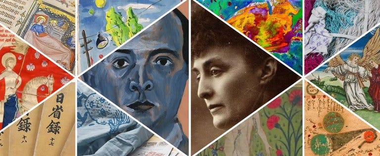 A imagem é uma composição artística formada por várias peças triangulares, criando um mosaico visual. Cada triângulo contém uma imagem diferente, reunindo elementos históricos, artísticos e culturais.  Entre as imagens, há manuscritos antigos, livros e documentos com escrita em diferentes idiomas, incluindo caracteres asiáticos e letras cursivas. Há ilustrações medievais de figuras humanas e angelicais, pinturas coloridas com traços modernos, e retratos de pessoas, como um homem de expressão séria pintado em tons de azul e uma mulher fotografada em preto e branco de perfil. Também aparecem detalhes de obras têxteis e pinturas abstratas com cores vibrantes, bem como elementos da natureza, como folhas e flores estilizadas.  A montagem cria um efeito visual dinâmico, mostrando a diversidade de linguagens, épocas e culturas, e transmitindo a ideia de um encontro entre história, arte e literatura em uma única composição.