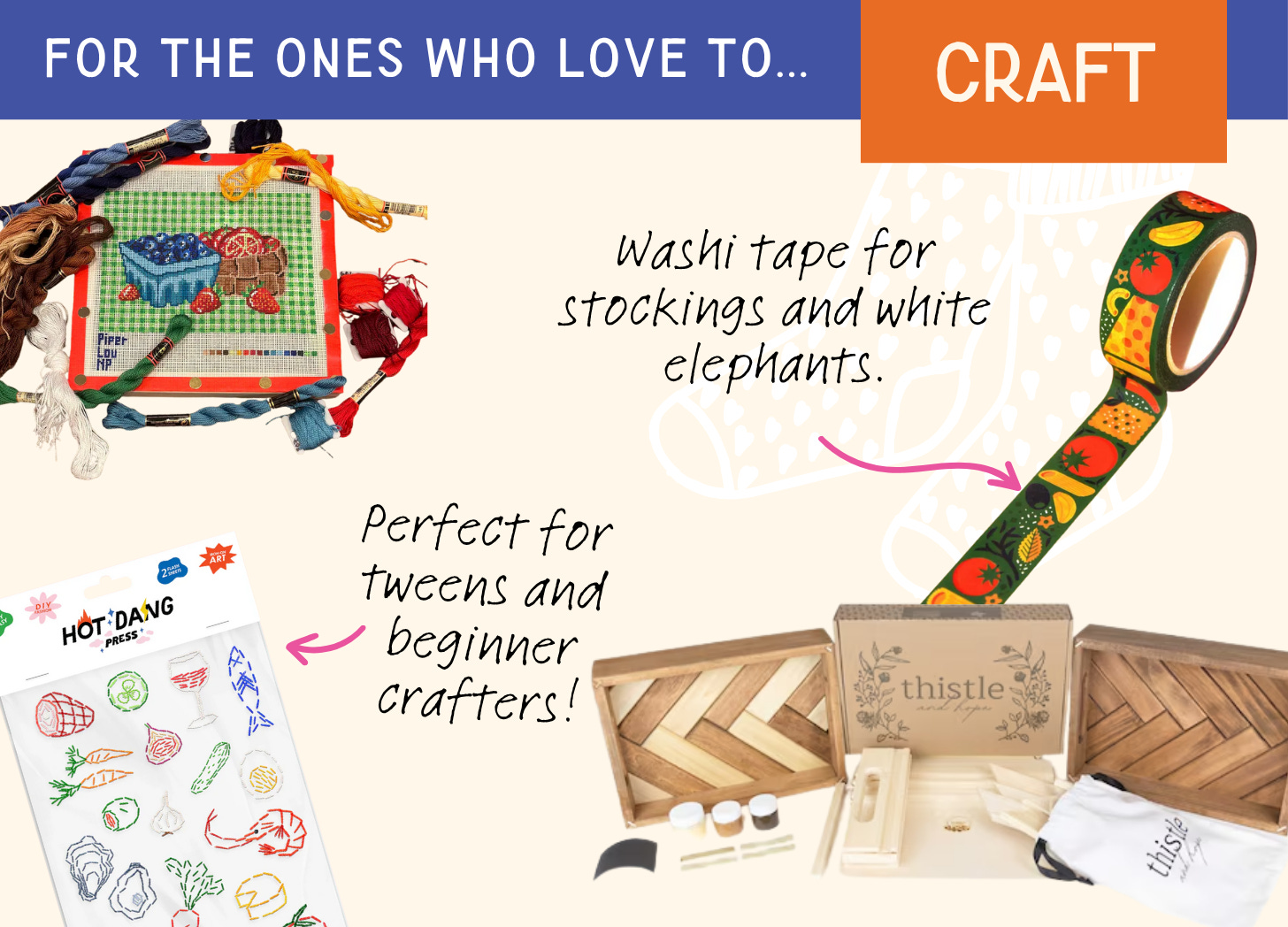 A graphic of the best craft and hobby gifts for kids and adults, including food-themed needlepoint canvases, the best washi tape, iron-on embroidery, and the best beginner wood-working kit. The text says “For the ones who love to… CRAFT.” Images are a collage of: PiperLou needlepoint canvas; the best beginner embroidery ideas with handwritten text that says “perfect for teens and beginner crafters”; a Thisle wood-working kit for the best gift for men;  and pasta washi tape with handwritten that says “Washi tape for stocking stuffers and white elephants.”