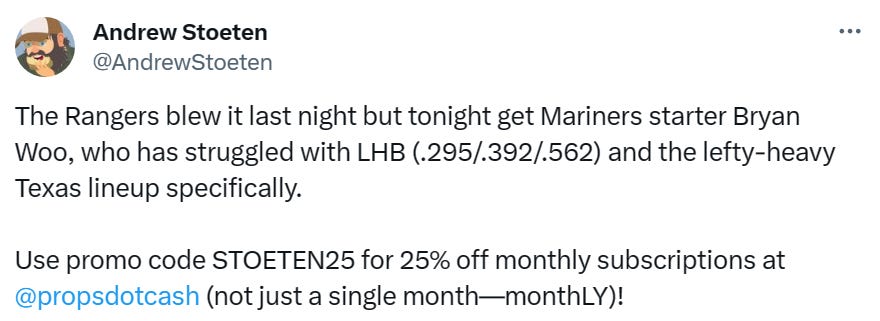 @AndrewStoeten: The Rangers blew it last night but tonight get Mariners starter Bryan Woo, who has struggled with LHB (.295/.392/.562) and the lefty-heavy Texas lineup specifically.