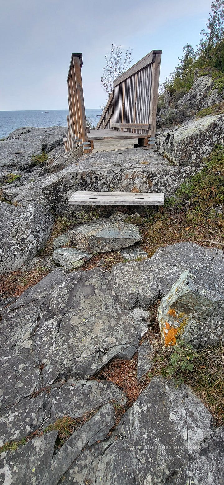 Image 1: A close-up of tiny, resilient saxifrage plants growing directly out of a crack in the bare grey rock. Image 2: A wooden boardwalk plank laid carefully over ancient, uneven Canadian Shield bedrock to form a hiking path.