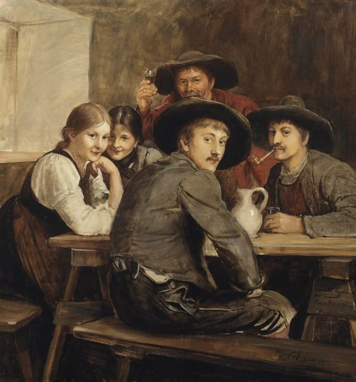 This may contain: a painting of people sitting at a table with one man holding a teapot and the other woman standing