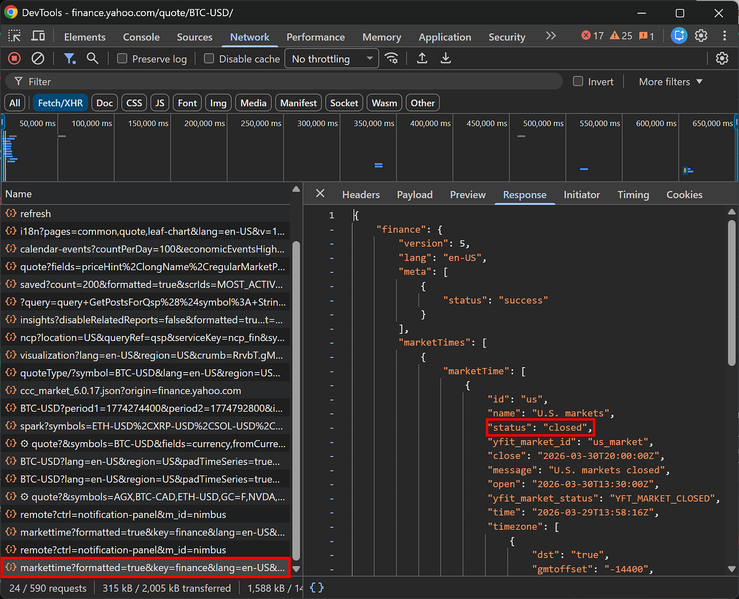 Note the API used by Yahoo Finance to determine whether the market is open in real time Note the API used by Yahoo Finance to determine whether the market is open in real time