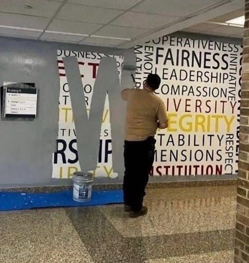man painting over wall of words in FBI, wall holds core values for FBI including diversity, integrity and other positive values. Being painted over wtih gray paint. 
