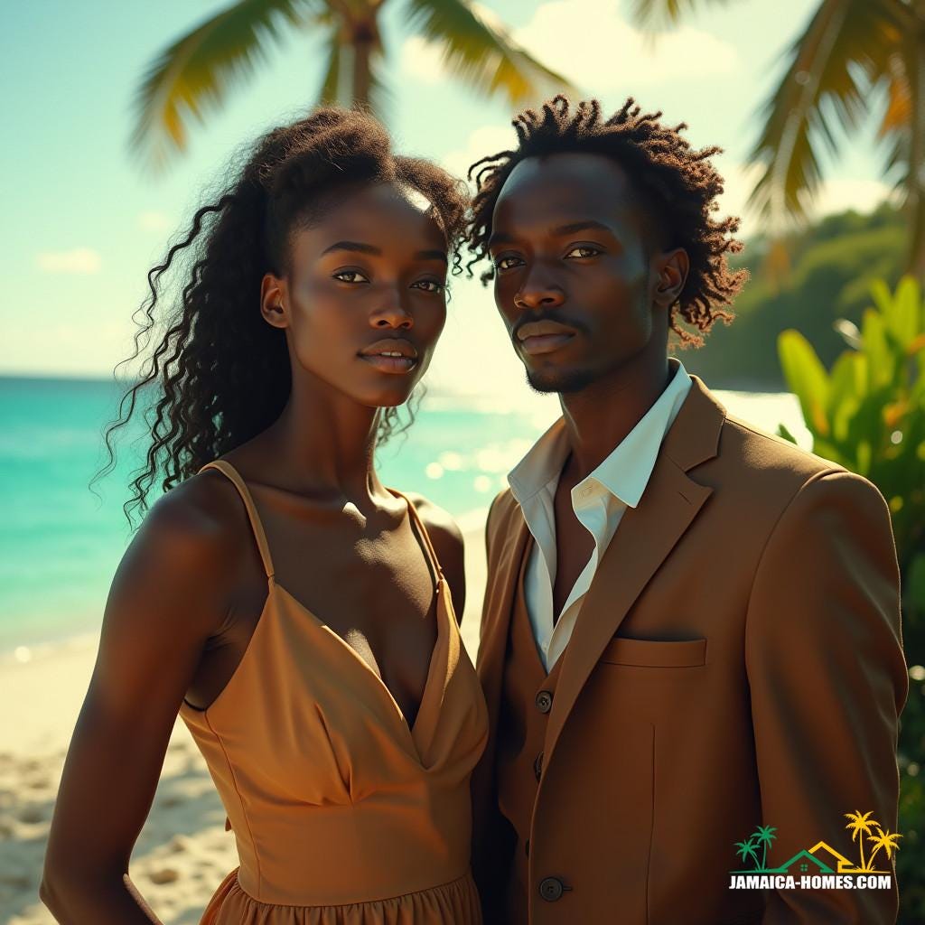 Regal black models dressed in stylish, modest real estate agent attire, posing in a vibrant Jamaican Caribbean setting, exuding confidence and poise.