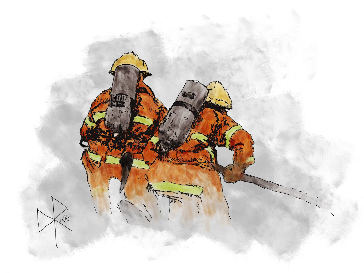 Two firefighters, on their knees, anchor the nozzle end of a hose. Sketch art by Don Rice. Two firefighters, on their knees, anchor the nozzle end of a hose. Sketch art by Don Rice.