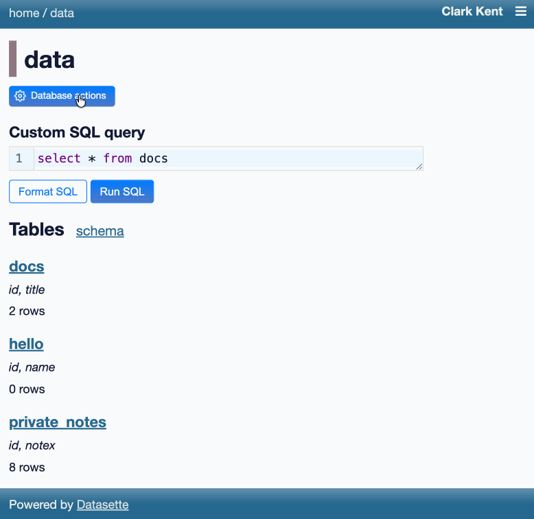 The user starts on the data database page, selects actions and "Execute write SQL", then selects the insert document template on the next page and executes it with a title of "My document!". Also demonstrates that a create table statement cannot be executed because the user does not have create-table permission. The user starts on the data database page, selects actions and "Execute write SQL", then selects the insert document template on the next page and executes it with a title of "My document!". Also demonstrates that a create table statement cannot be executed because the user does not have create-table permission.