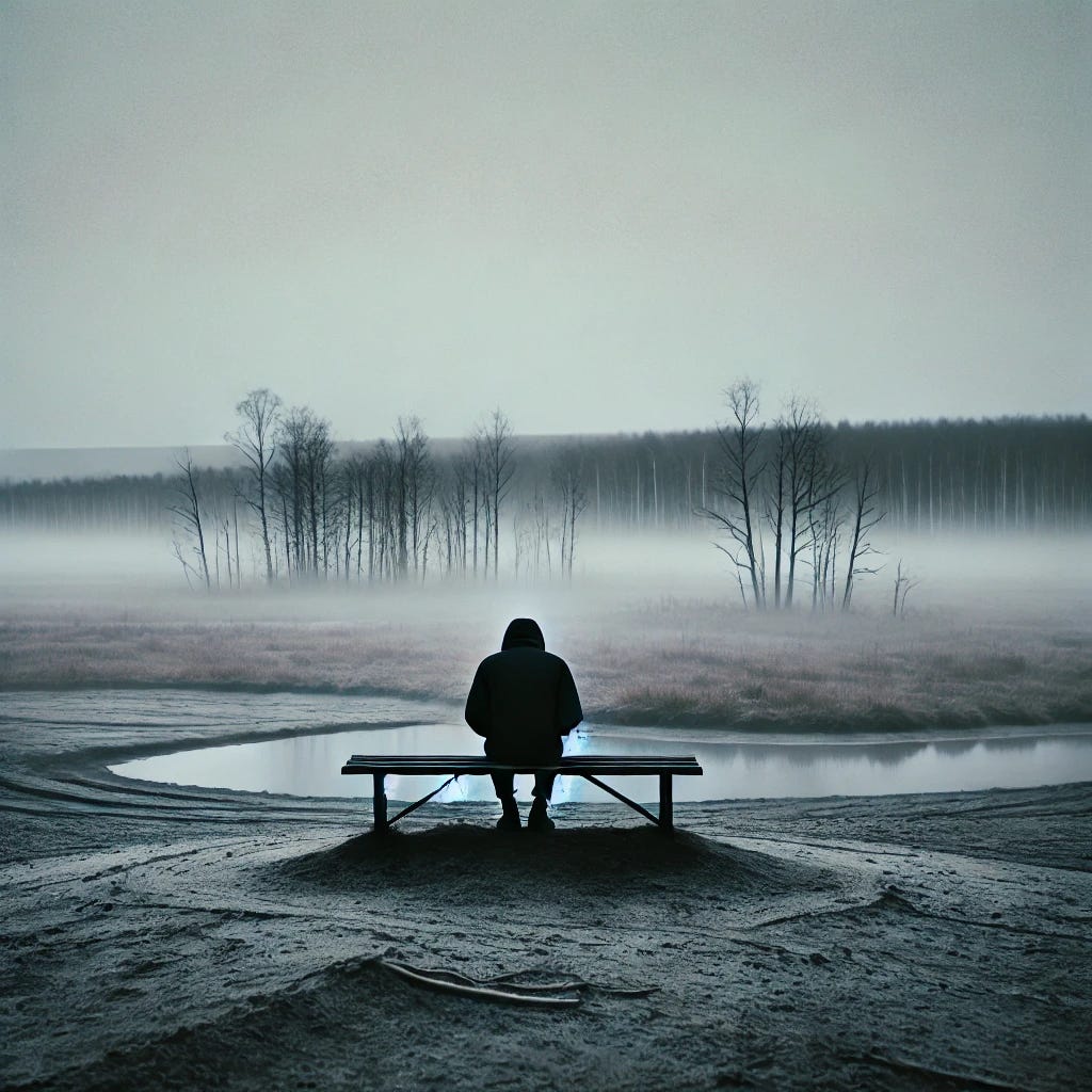A person sitting alone on a bench in a vast, empty landscape, surrounded by fog and muted colors. The scene feels cold and distant, with barren trees in the background and a sense of isolation. The person is slouched forward, looking down, emphasizing loneliness and separation from the world. The sky is overcast, and there is a faint mist in the air, adding to the melancholic mood of the image.