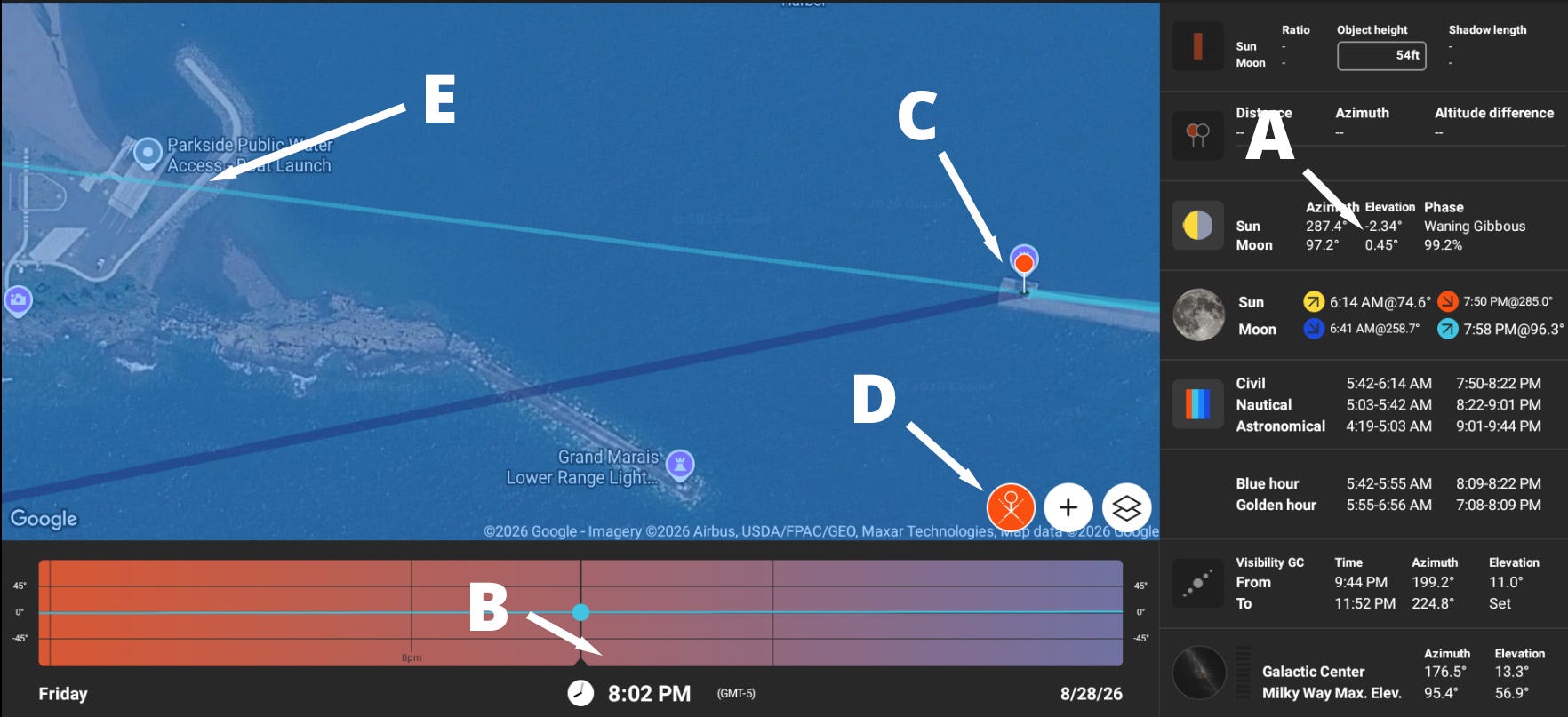 An annotated PhotoPills map showing the moon’s elevation at 0.45 degrees, a pin on the Grand Marais lighthouse, the extended moon azimuth line, and the planned camera position on the opposite breakwater.