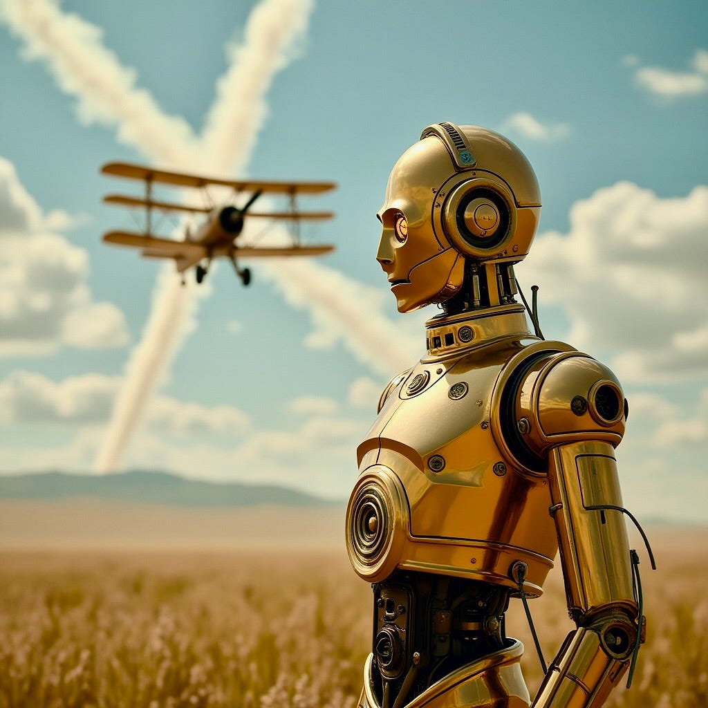 A robot standing in a field with an airplane flying in the sky

AI-generated content may be incorrect.