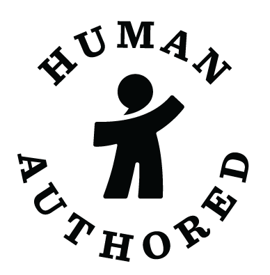 logo showing a stickfigure with arms outspread and a speech bubble for a head, with text in a circle around it saying "human authored"