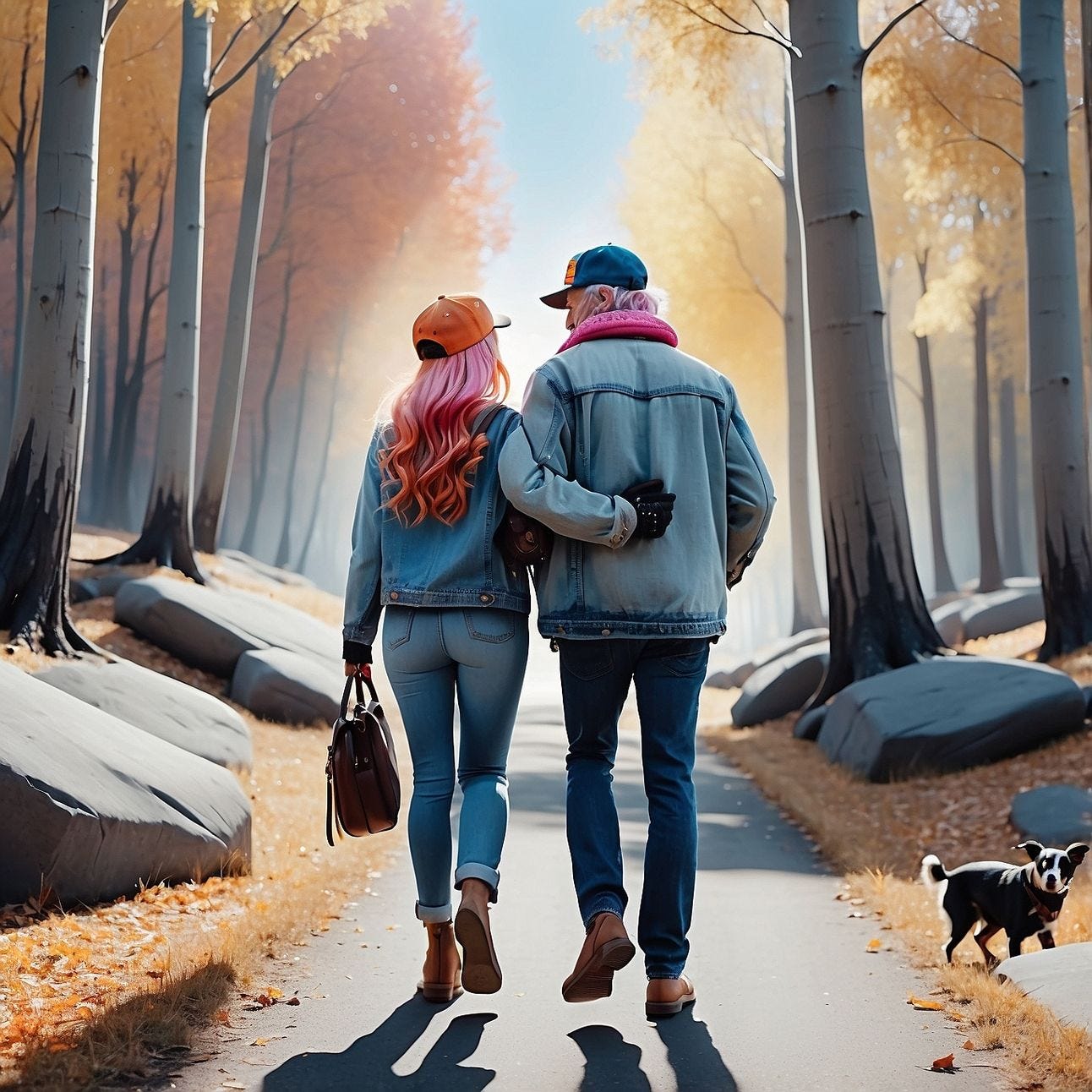A couple wearing denim walks through the woods, view from behind