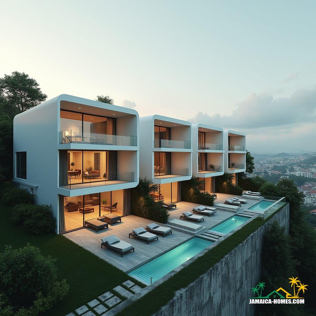 Nestled in the heart of Kingston, Jamaica, the Vertical Oasis Residences offer a modern living experience like no other. These unique four-story homes are designed with verticality in mind, maximizing space in a compact, sleek structure that resembles the size of a single-car garage. The minimalist exterior, featuring large glass windows and contemporary finishes, provides a perfect blend of elegance and functionality. Nestled in the heart of Kingston, Jamaica, the Vertical Oasis Residences offer a modern living experience like no other. These unique four-story homes are designed with verticality in mind, maximizing space in a compact, sleek structure that resembles the size of a single-car garage. The minimalist exterior, featuring large glass windows and contemporary finishes, provides a perfect blend of elegance and functionality.