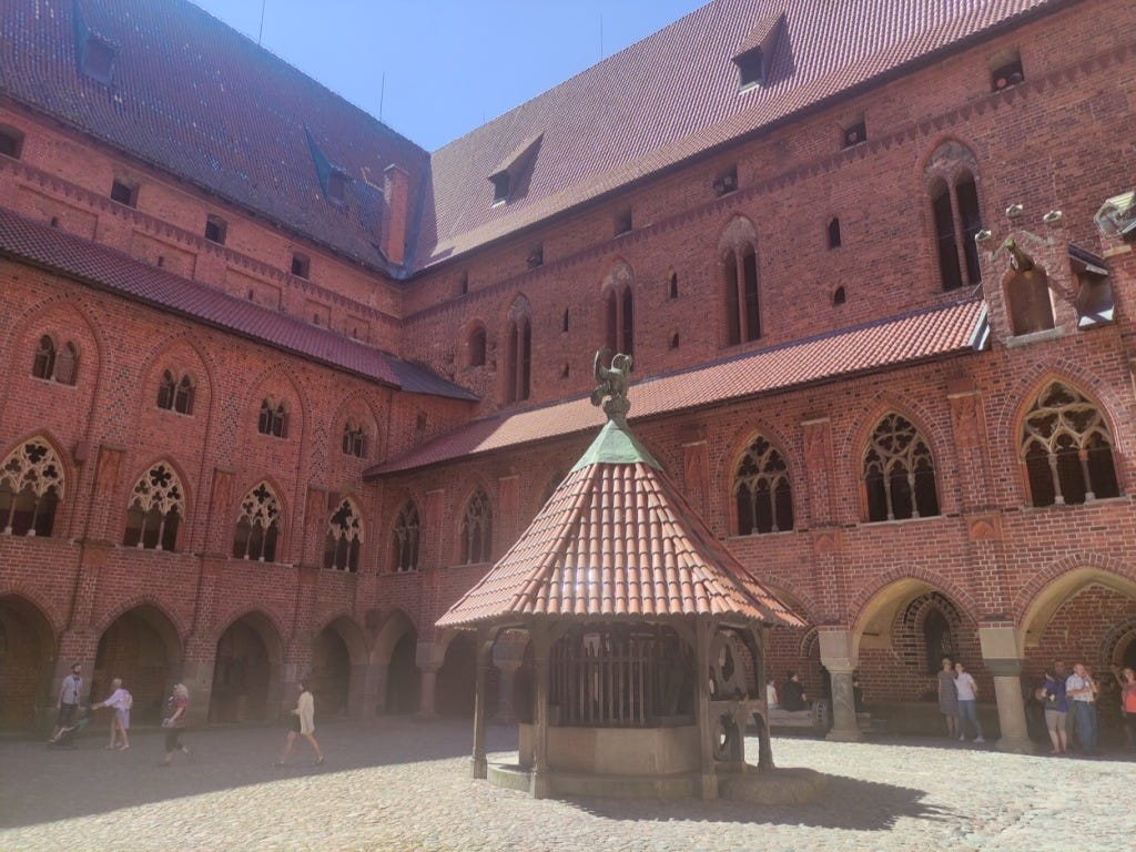 Courtyard of the High Castle. All around are high walls with open arch windows (no glass). In the middle of the cobbled courtyard is a well, covered by a structure with wooden stakes and a conical tiled roof.