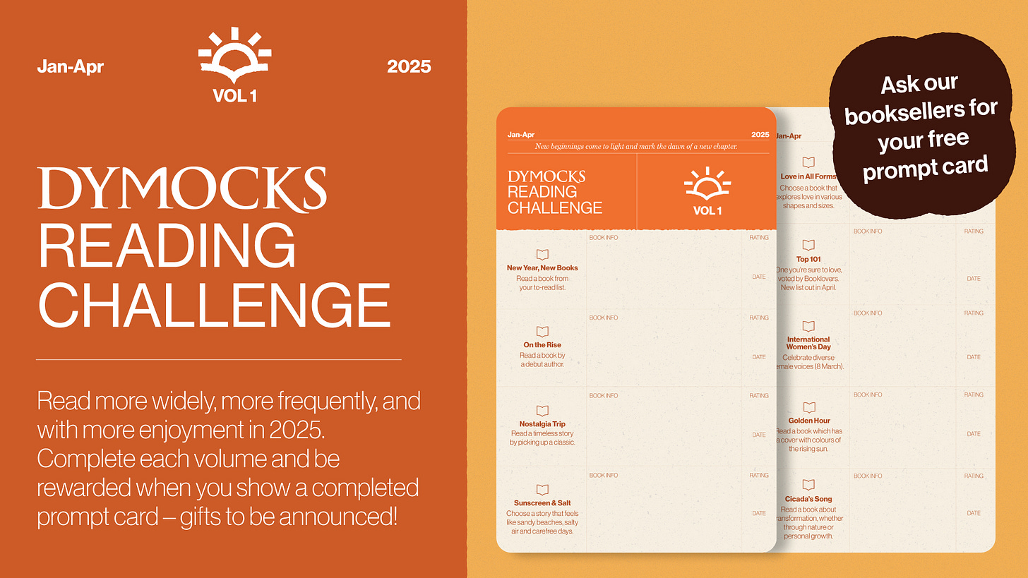 A tile in various oranges with white text about the Dymocks Reading Challenge in small text. Shows two cards to the left that list the volume one prompts for the first four months of 2025. 