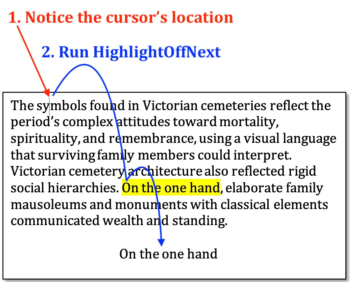 Screenshot showing a Word document containing two sentences, with a highlighted phrase in the second sentence, and two numbered steps. Step 1 has a red arrow pointing to the cursor location within the word "symbols" in the first sentence. Step 2 says "Run HighlightOffNext," and a blue arrow points to the yellow-highlighted phrase "On the one hand" in the second sentence. Then "On the one hand" with the highlighting removed appears below the main paragraph to demonstrate the action the macro performed.