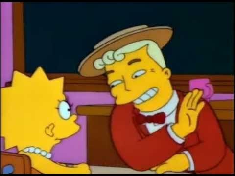 Screen capture of Monorail episode of The Simpsons where Lanley, the con man, glazes Lisa Simpson.