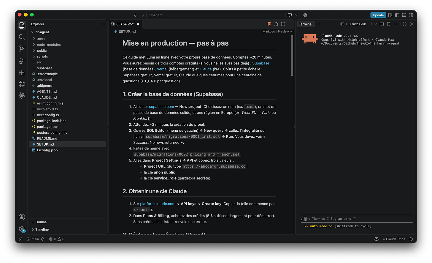 VS Code showing SETUP.md in Markdown preview, titled "Mise en production — pas à pas", with numbered steps to create the Supabase database, run the migration files in the SQL Editor, copy three keys, and get a Claude API key with credit, next to Claude Code running in the terminal on the right. VS Code showing SETUP.md in Markdown preview, titled "Mise en production — pas à pas", with numbered steps to create the Supabase database, run the migration files in the SQL Editor, copy three keys, and get a Claude API key with credit, next to Claude Code running in the terminal on the right.