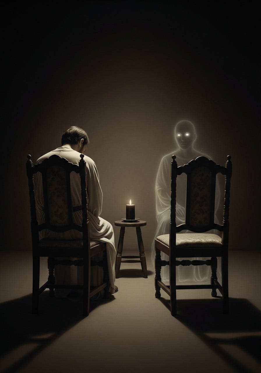 A muted, sepia-toned photograph or dark oil painting with a vintage gothic feel depicts a robed human figure contemplating an empty chair subtly occupied by a glowing spectral entity, illuminated by a single flickering black candle. A muted, sepia-toned photograph or dark oil painting with a vintage gothic feel depicts a robed human figure contemplating an empty chair subtly occupied by a glowing spectral entity, illuminated by a single flickering black candle.