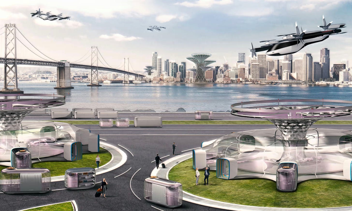 A speculative image of a future city with "flying" cars and biomimetic buildings. A speculative image of a future city with "flying" cars and biomimetic buildings.