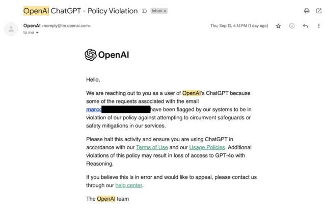An OpenAI warning email received by a user after asking o1-preview about its reasoning processes.