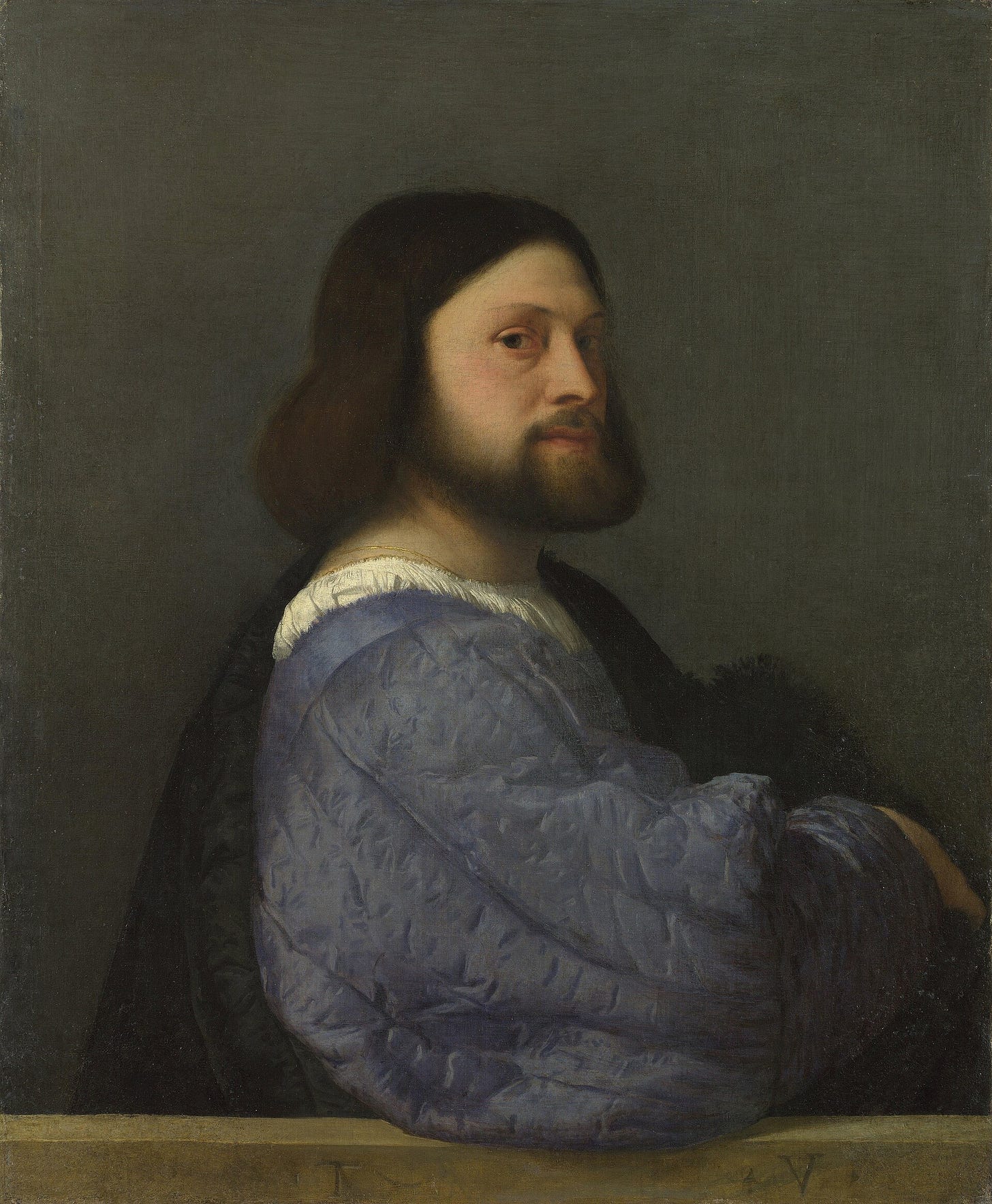 A young man in a huge quilted blue satin sleeve turns his head over his shoulder, his arm resting on a stone ledge. A young man in a huge quilted blue satin sleeve turns his head over his shoulder, his arm resting on a stone ledge.