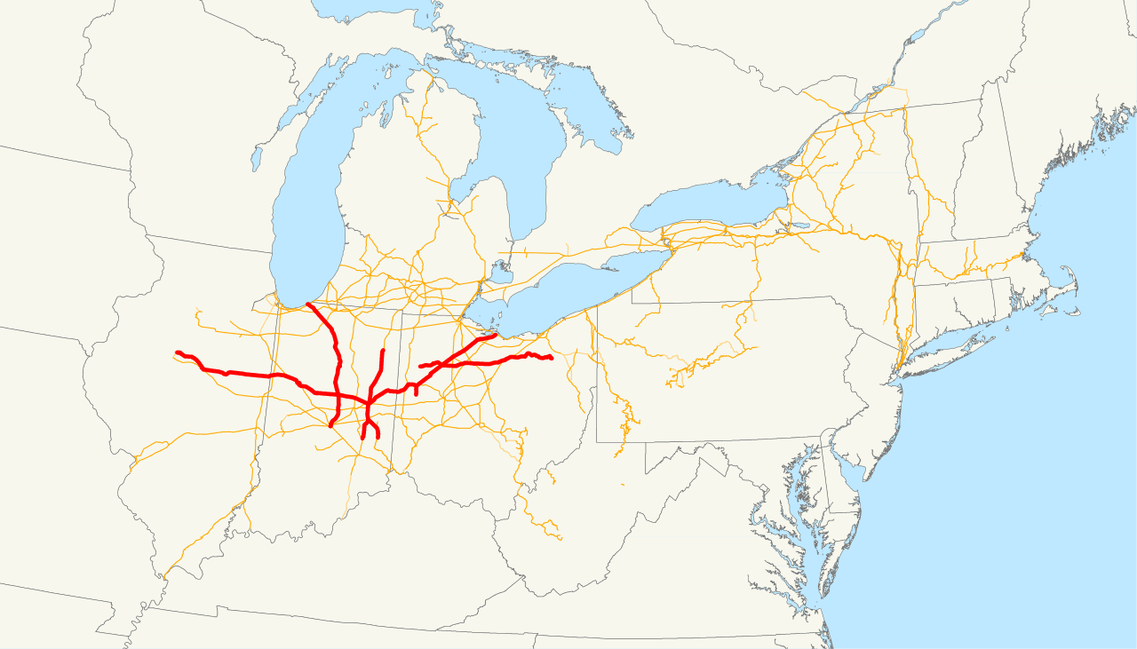 Lake Erie and Western Railroad system map (1918).svg