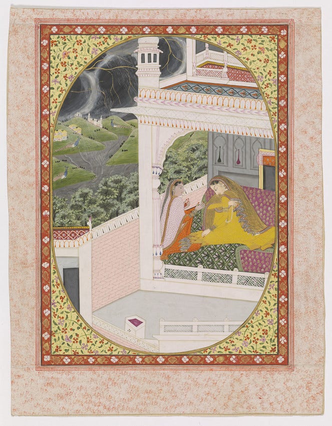 A detailed Indian miniature painting showing two women in an open courtyard under stormy skies. Around them in the landscape, peacocks are dancing, while rain falls in torrents and lightning strikes. One women, in yellow robes and veil, is looking disconsolately downwards, while her friend, in orange clothes and pink dupatta, looks at her with one hand outstretched, in a gesture of comfort. A detailed Indian miniature painting showing two women in an open courtyard under stormy skies. Around them in the landscape, peacocks are dancing, while rain falls in torrents and lightning strikes. One women, in yellow robes and veil, is looking disconsolately downwards, while her friend, in orange clothes and pink dupatta, looks at her with one hand outstretched, in a gesture of comfort.