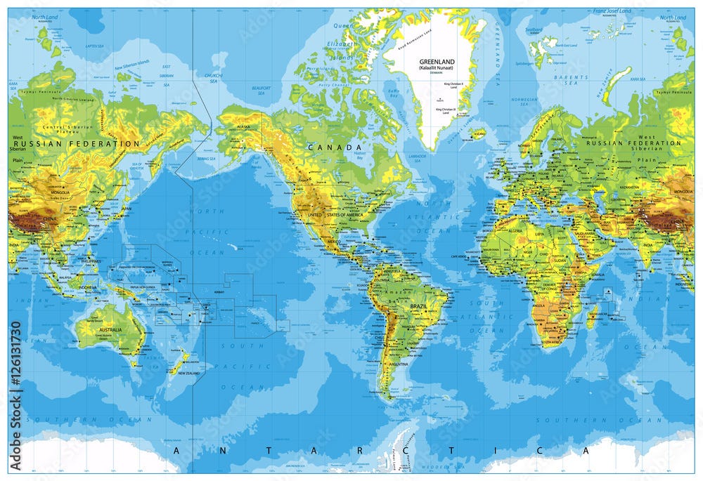 America Centered Physical World Map