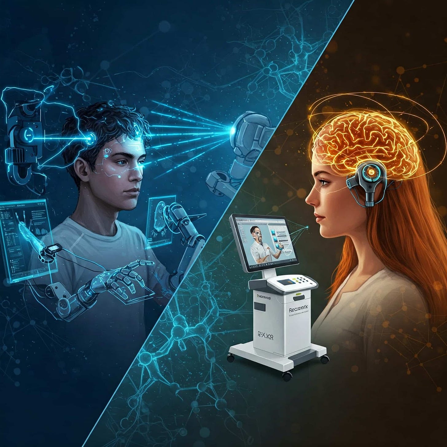 a man and woman with a brain and machine