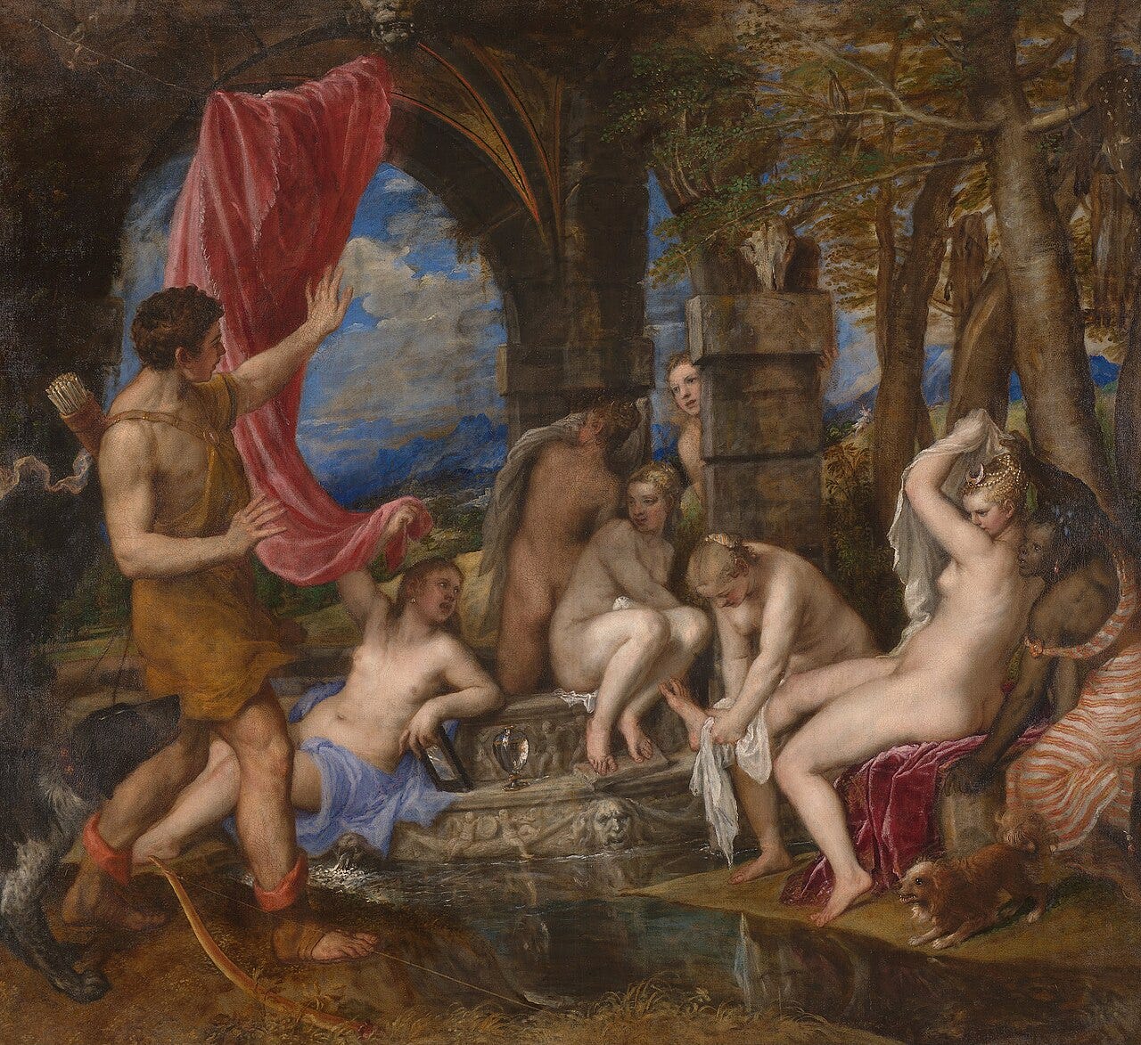 Titian's Diana and Actaeon, the hunter stumbling on the goddess and her bathing nymphs Titian's Diana and Actaeon, the hunter stumbling on the goddess and her bathing nymphs