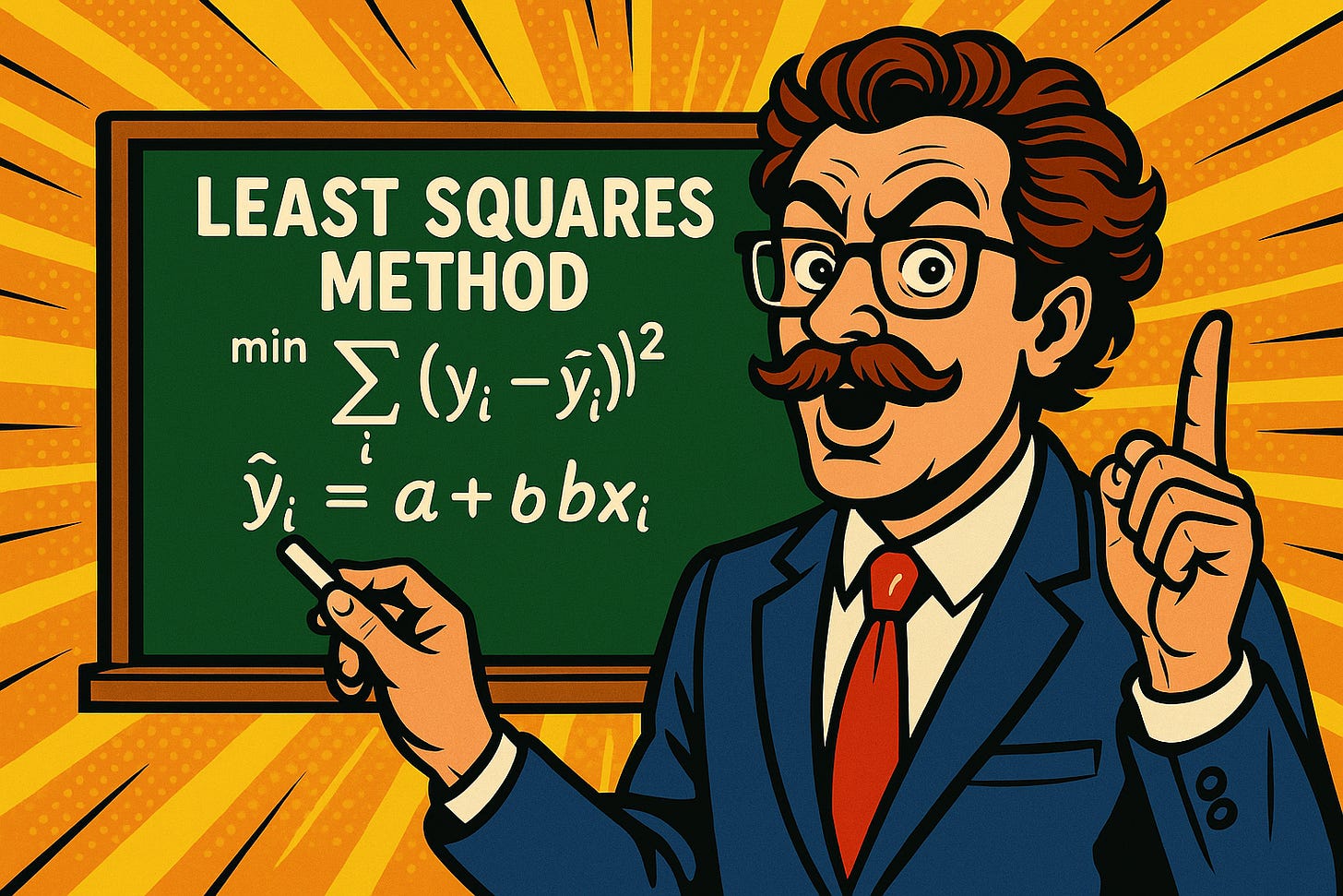 Mathématicien expliquant la méthode des moindres carrés avec formules - style pop-art